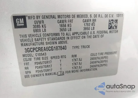 2012 Chevrolet Silverado 1500 Ls z USA, uszkodzony, nr VIN 3GCPCREA6CG187840